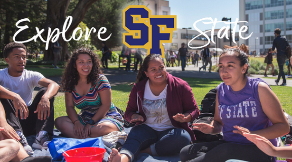Photo of students on the quad at SF State (text = Explore SF State)